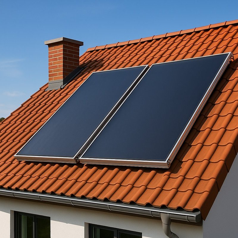 Solarthermie mit Flachkollektoren auf einem modernen Einfamilienhausdach mit roten Ziegeln und sonnigem Himmel – nachhaltige Energie für Heizungsunterstützung und Warmwasser.