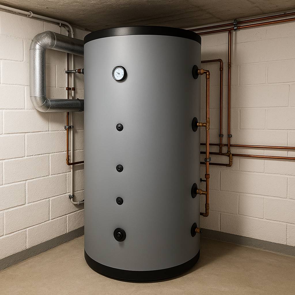 Pufferspeicher im Keller eines Hauses in Landeck – moderne Heiztechnik mit isoliertem Speicherbehälter und sauber verlegten Kupferrohren an der Wand.