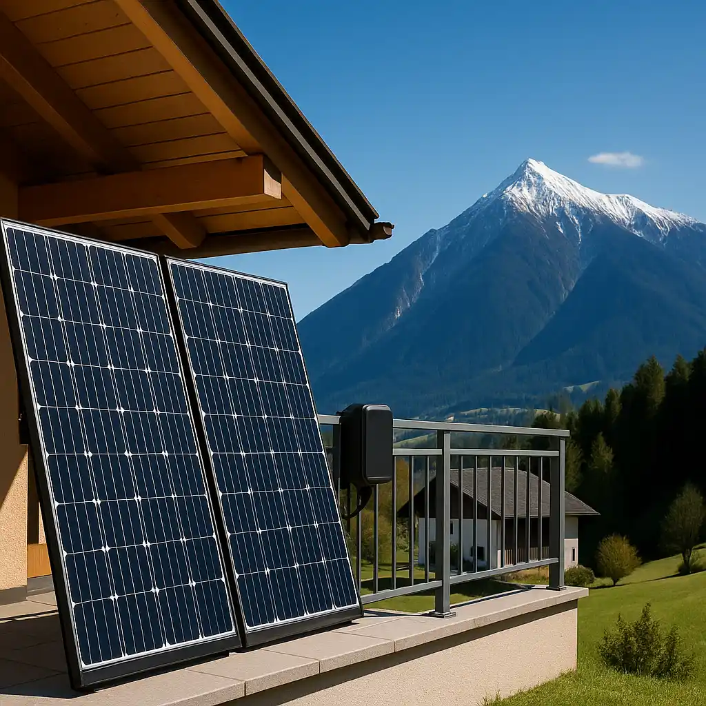 Solaranlage auf einer Holzterrasse mit Alpenpanorama im Hintergrund – nachhaltige Energie in den Bergen