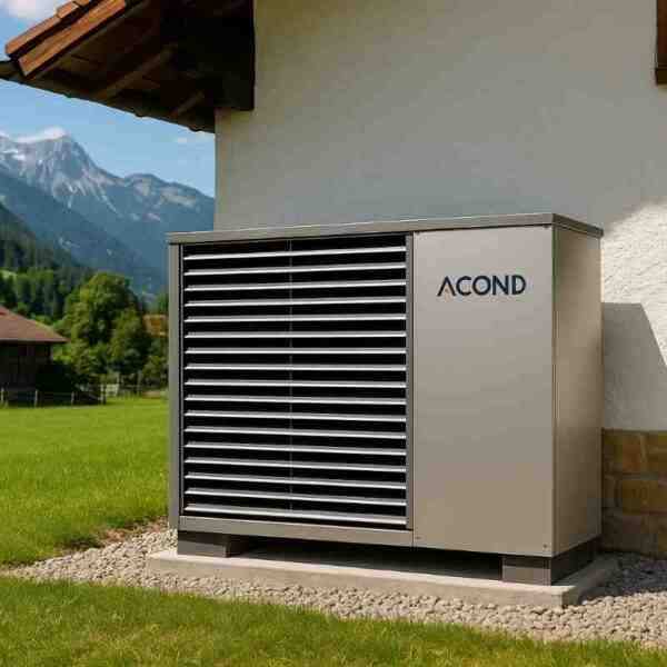 ACOND Luft-Wasser-Wärmepumpe vor Tiroler Landhaus mit Bergkulisse – energieeffizientes Heizen in alpiner Umgebung